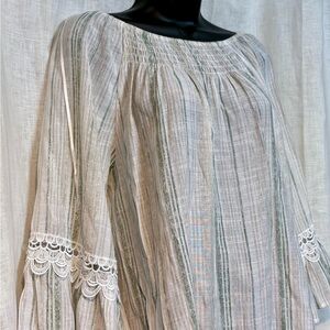 Elegant Striped Peasant Boho Blouse with Crochet Lace Trim